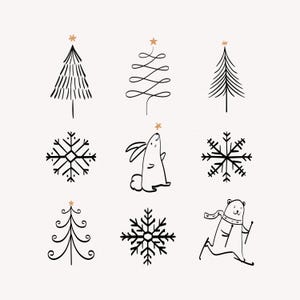 May include: A collection of black line art illustrations featuring three distinct Christmas trees with gold stars, three unique snowflakes, a rabbit reaching for a star, and a bear wearing a scarf while skiing on a white background.