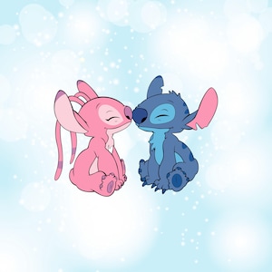 May include: A cartoon illustration of two characters, one pink and one blue, touching noses. The pink character has long, floppy ears and the blue character has large, upright ears. Both characters are smiling with their eyes closed, set against a light blue background.