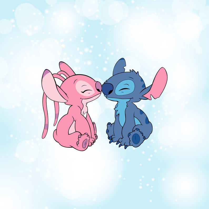 May include: A cartoon illustration of two characters, one pink and one blue, touching noses. The pink character has long, floppy ears and the blue character has large, upright ears. Both characters are smiling with their eyes closed, set against a light blue background.