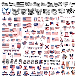 May include: A selection of patriotic illustrations featuring the American flag, eagles, stars, and other patriotic symbols. The designs include flags, hearts, banners, and stylized graphics in red, white, and blue.