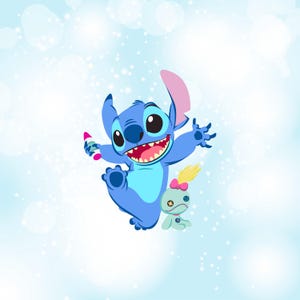 May include: A cartoon illustration of Stitch, a blue extraterrestrial creature, holding a pink and white object, with a wide grin and outstretched arms. A small teal doll with a pink bow and yellow feather is next to Stitch. The background is light blue with white bokeh.