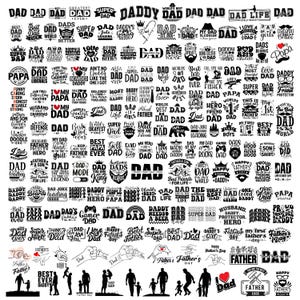 May include: A selection of black and white graphics and text designs for Father's Day. The designs feature the word "DAD" in different fonts, silhouettes of fathers with children, and phrases such as "Best Dad Ever."
