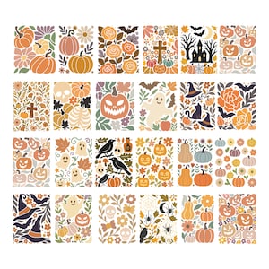 Può includere: Una collezione di ventiquattro adesivi rettangolari con illustrazioni a tema Halloween che includono zucche, fantasmi, teschi, pipistrelli, gatti neri, cappelli da strega, ragni, corvi, motivi floreali e foglie autunnali in una palette di colori arancione, marrone e crema.