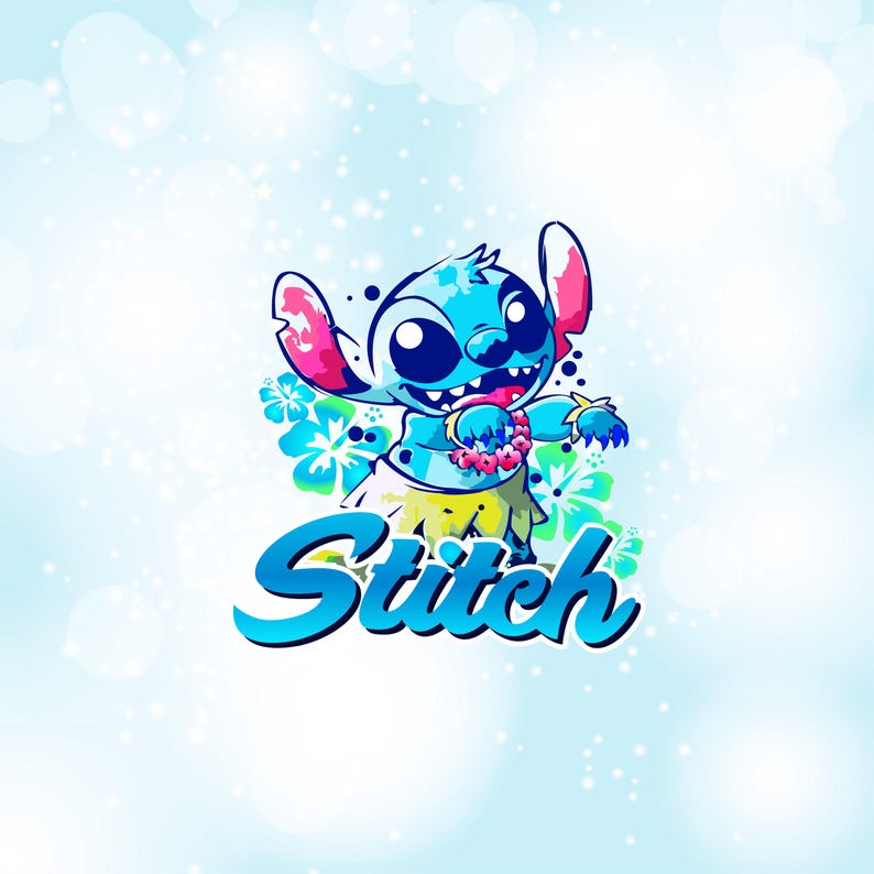 May include: A cartoon illustration of Stitch, a blue alien character, wearing a lei and grass skirt, with the word "Stitch" in blue script. The background is light blue with white sparkles and floral accents.