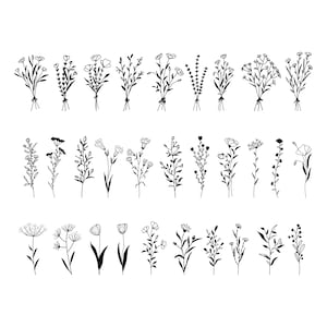 May include: Black and white line art illustrations of various floral arrangements. The image features several bouquets and individual stems of flowers, including wildflowers and other botanical elements. The designs are simple and elegant, suitable for crafting or design projects.