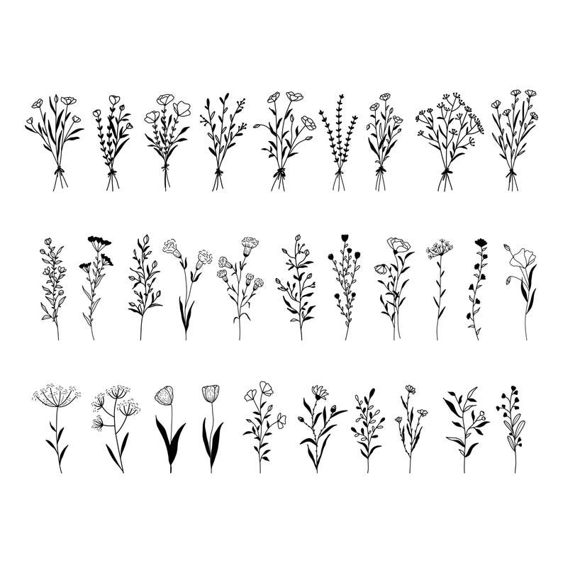 May include: Black and white line art illustrations of various floral arrangements. The image features several bouquets and individual stems of flowers, including wildflowers and other botanical elements. The designs are simple and elegant, suitable for crafting or design projects.