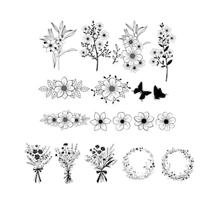 May include: Black and white floral illustrations featuring various flower arrangements, including bouquets, individual blooms, and decorative wreaths. Also includes two butterfly silhouettes. Perfect for crafting and design projects.