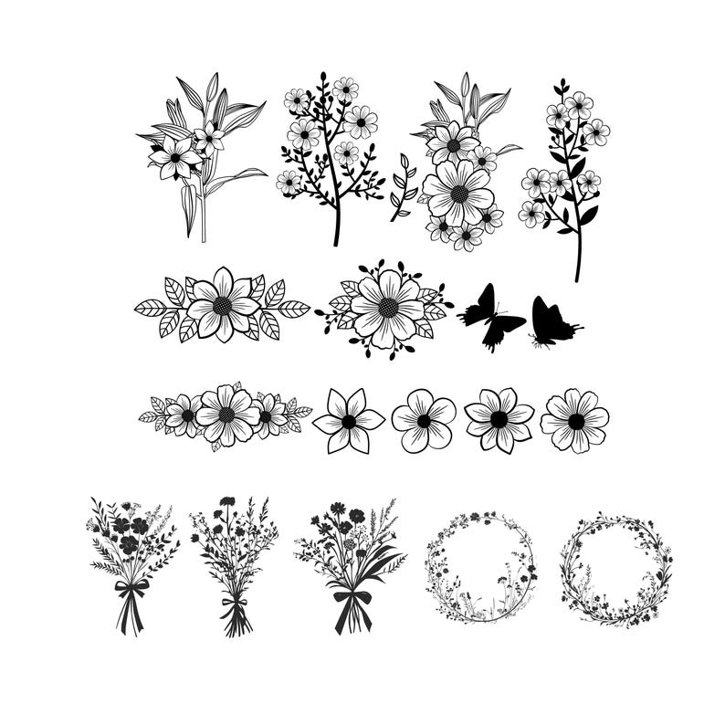 May include: Black and white floral illustrations featuring various flower arrangements, including bouquets, individual blooms, and decorative wreaths. Also includes two butterfly silhouettes. Perfect for crafting and design projects.