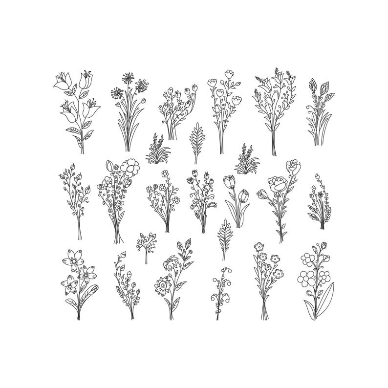 May include: A collection of hand-drawn floral illustrations in black ink on a white background. The image features various bouquets, sprigs, and individual flowers, including roses, tulips, and wildflowers, perfect for crafting or design projects.
