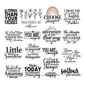 Op de afbeelding: Een verzameling van zestien zwart-wit grafische ontwerpen met motiverende citaten en bloemenillustraties. Zinnen zijn onder andere Be Stronger Than Your Excuses, Choose Happiness, You Are Magical, Adventure Is The Best Way To Learn, en andere.