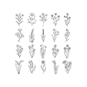May include: A collection of twenty line art illustrations of various flowers and botanical elements. Each design is rendered in black and white, showcasing delicate details of leaves, stems, and blossoms. The arrangements vary in size and shape, suitable for design projects.