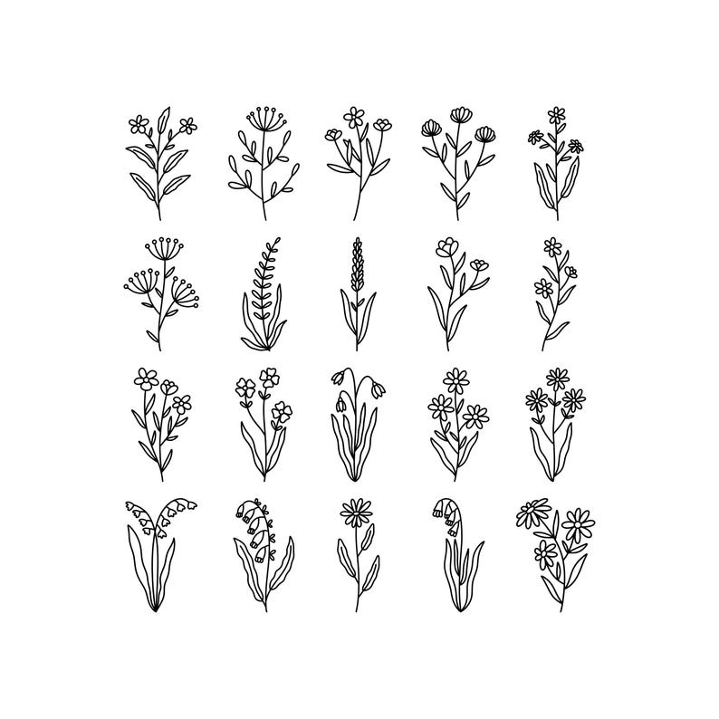May include: A collection of twenty line art illustrations of various flowers and botanical elements. Each design is rendered in black and white, showcasing delicate details of leaves, stems, and blossoms. The arrangements vary in size and shape, suitable for design projects.
