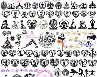Peut inclure: Une collection de motifs sur le thème du yoga en noir et blanc, certains avec des accents floraux et le mot "Yoga". Les motifs comprennent diverses poses de yoga, des formes de cœur et des cadres circulaires avec du texte comme "Yoga Day" et "Namaste".