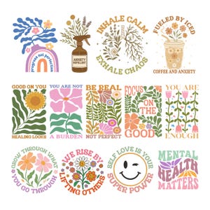 Pode incluir: Uma coleção de catorze autocolantes gráficos com motivos florais, arco-íris e textos inspiradores, incluindo frases como Progress Not Perfection, Inhale Calm Exhale Chaos, Fueled By Iced Coffee And Anxiety e Mental Health Matters.