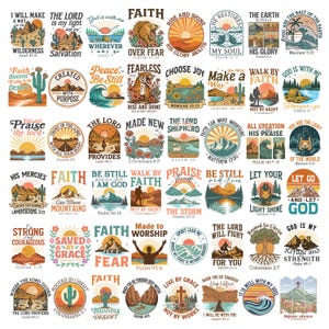 May include: A selection of circular graphic designs with motivational quotes and religious themes. The designs include illustrations of landscapes, animals, and symbols such as crosses and suns, with text in various fonts and colours.