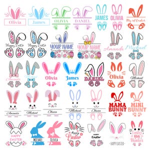 Pode incluir: Uma coleção de designs com tema de Páscoa com orelhas de coelho, pegadas e texto personalizado. Os designs incluem nomes como Olivia, James e Amanda, juntamente com frases como "Feliz Páscoa" e "Minha 1ª Páscoa."