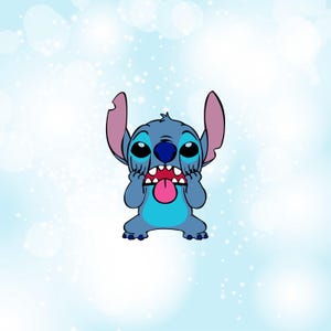 May include: A cartoon illustration of Stitch, a blue alien character with large ears, a wide mouth, and a pink tongue. Stitch is holding his face with his hands, with a light blue background with white bokeh.