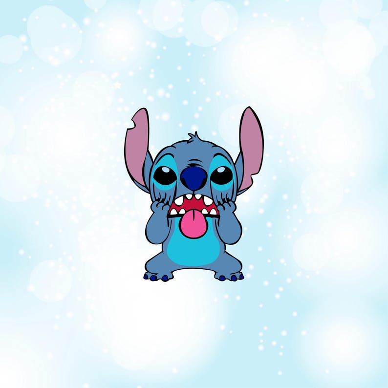 May include: A cartoon illustration of Stitch, a blue alien character with large ears, a wide mouth, and a pink tongue. Stitch is holding his face with his hands, with a light blue background with white bokeh.