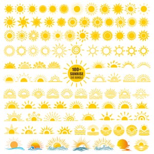 Può includere: Una collezione di oltre 100 design SVG di sole e alba gialli. I design includono varie forme di sole, raggi di sole e scene di alba con acqua e nuvole. Il testo al centro recita "100+ Sunrise SVG Bundle".