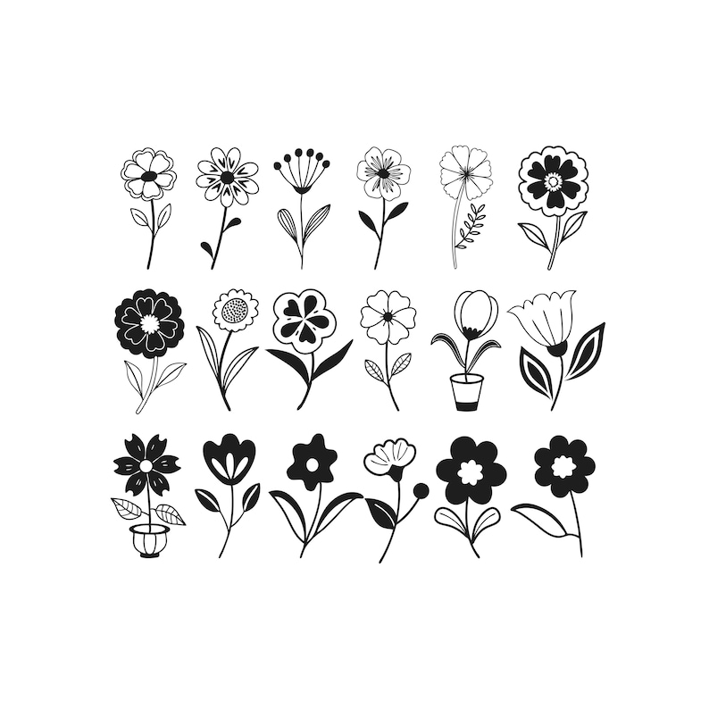 May include: A collection of black and white line art flower illustrations. The flowers vary in shape and style, with some in pots. The image is on a white background.