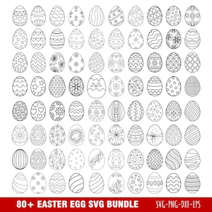 May include: A collection of over 80 black and white Easter egg designs. Each egg features a unique pattern, including floral, geometric, and abstract motifs. The image includes the text "80+ EASTER EGG SVG BUNDLE".