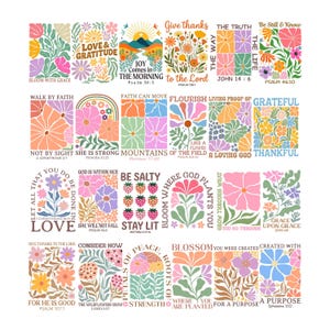 May include: A set of vibrant floral art prints with uplifting quotes. Each print showcases a distinct floral design and a positive message, like "Love & Gratitude" and "Be Salty". The prints feature a range of colours, including orange, pink, and blue.