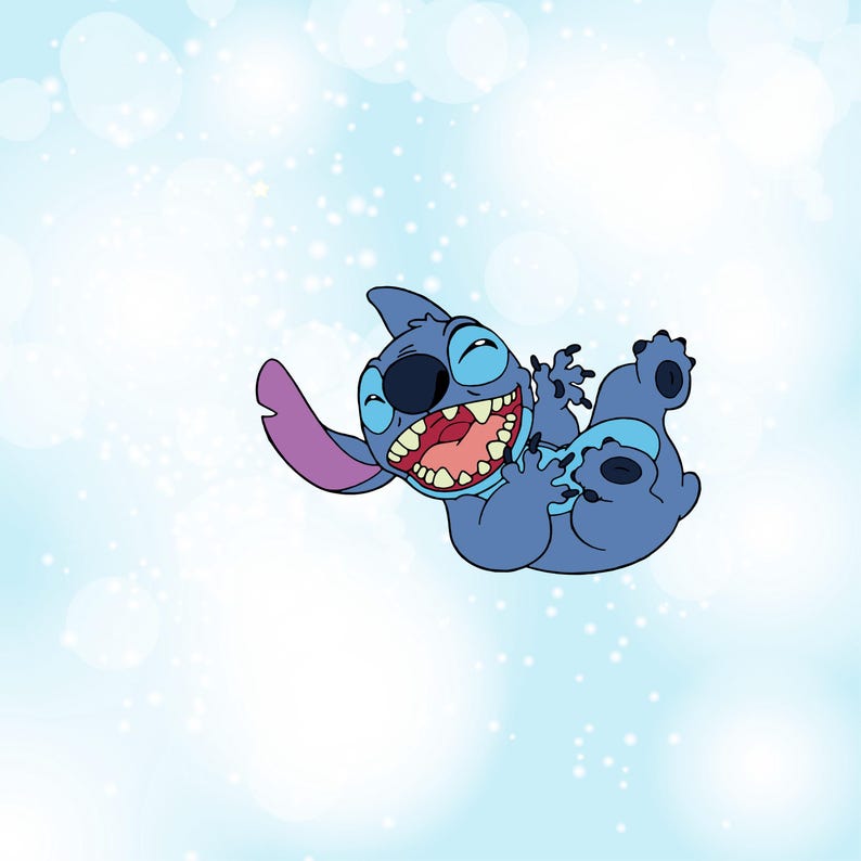 May include: A cartoon illustration of Stitch, a blue extraterrestrial creature, laughing with his mouth wide open. He has large teeth, a black eye patch, and large ears. The background is a light blue with white bokeh.
