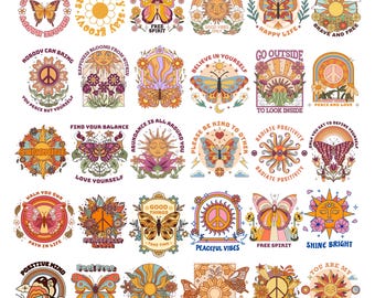 Inspirerande Retro SVG-paket, Blommiga Boho-designer, Positiv Svg, Motiverande Svg, Mental Hälsa Svg, Fred och Kärlek, Solsken, Cricut