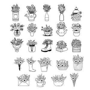 May include: Black and white line art illustration of various floral arrangements. The image includes bouquets in vases, watering cans, boots, teacups, and other containers. The flowers are detailed with delicate lines.