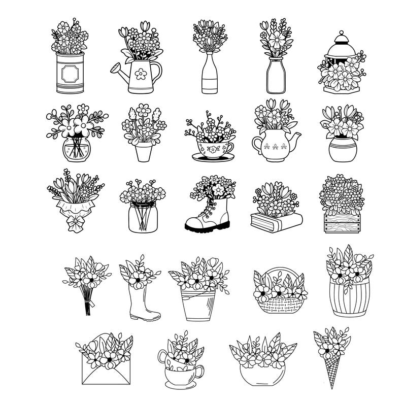 May include: Black and white line art illustration of various floral arrangements. The image includes bouquets in vases, watering cans, boots, teacups, and other containers. The flowers are detailed with delicate lines.