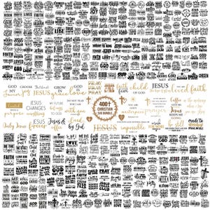 Puede incluir: Una colección de más de 400 diseños SVG cristianos, con varias citas inspiradoras y frases religiosas en una variedad de fuentes. Los diseños son en negro y dorado, adecuados para proyectos de manualidades.