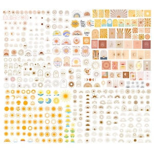 May include: A comprehensive collection of graphic design elements featuring suns, rainbows, arches, and celestial motifs in various line art and coloured styles. The set includes numerous icons, badges, and rectangular prints with warm colour palettes.