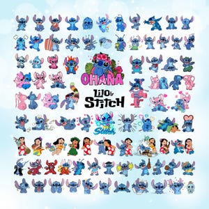 May include: A collection of Stitch character illustrations in various poses and settings. The image features multiple blue and pink Stitch figures, along with the words "Ohana" and "Lilo & Stitch". The background is a light blue gradient.