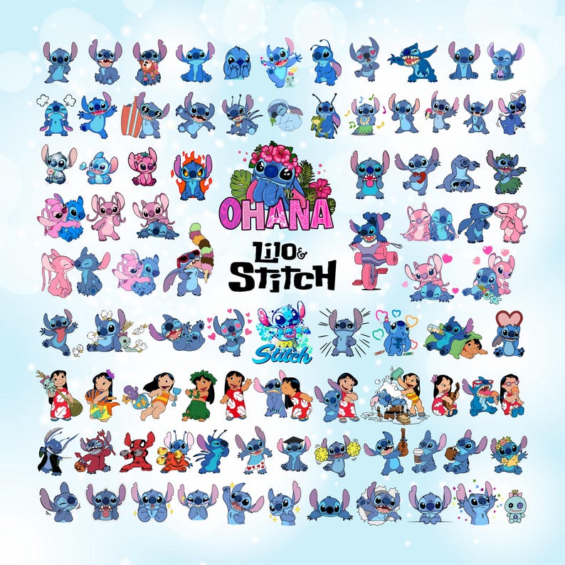 May include: A collection of Stitch character illustrations in various poses and settings. The image features multiple blue and pink Stitch figures, along with the words "Ohana" and "Lilo & Stitch". The background is a light blue gradient.