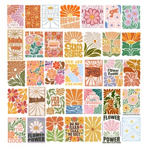 May include: A collection of colorful floral art prints with various designs and text. The prints feature flowers, sunsets, and inspirational phrases like "Flower Power," "Stay Kind," and "Wild Life." The color palette includes orange, pink, yellow, and green.
