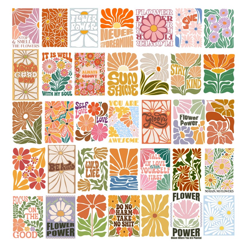Boho blomma SVG-paket, abstrakt blommig clipart, groovy blomma svg, retro blomma svg, blommig png, prästkrage blomma svg, blomskjortdesigner bild 1