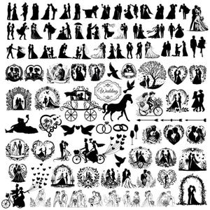 May include: A selection of black and white wedding-themed graphics. Silhouettes of couples in various poses, including walking, embracing, and riding a bicycle. Decorative elements include hearts, doves, rings, and a horse-drawn carriage.