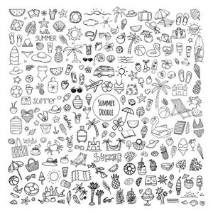 Op de afbeelding: Een zwart-wit zomer doodle illustratie met strand- en vakantie-iconen. Bevat zonnebrillen, badkleding, ijs, palmbomen en de tekst "Summer Doodle". De afbeelding roept een gevoel van ontspanning op.