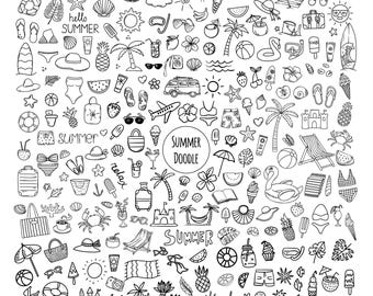 May include: A black and white summer doodle illustration featuring various beach and vacation-themed icons. Includes images of sunglasses, swimsuits, ice cream, palm trees, and the text "Summer Doodle".