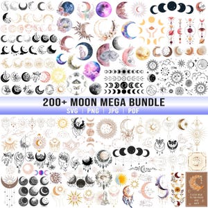 Pacote de imagens SVG da Lua, Clipart Celestial, Lua Boho, Sol e Estrelas (Download Digital)