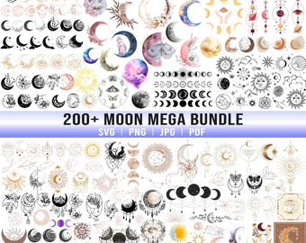 Paquete SVG de luna, imágenes celestiales, luna, sol y estrellas bohemias (descarga digital)