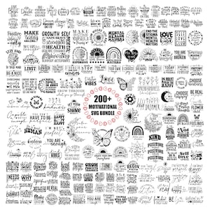 Peut inclure: Une collection de plus de 200 motifs SVG de motivation en noir et blanc. Les motifs présentent des citations inspirantes, des éléments floraux et des graphiques de papillons. Idéal pour les projets d'artisanat.