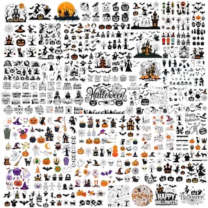 May include: A collection of Halloween-themed clip art in black and orange. The images include pumpkins, bats, witches, ghosts, haunted houses, spiders, and the word "Halloween". There are also phrases like "Trick or Treat".