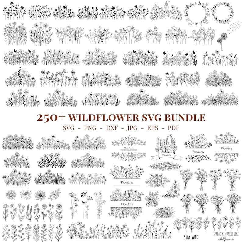 May include: A collection of over 250 wildflower SVG designs in black and white. The image includes various floral arrangements, wreaths, and individual flower illustrations, along with the text "250+ WILDFLOWER SVG BUNDLE".