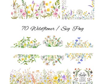 Wildflower Border SVG Bundle, Watercolor Floral Clipart (Digital Download)
