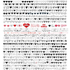 Peut inclure: Une collection de plus de 1000 motifs en forme de cœur, avec des styles variés, y compris des cœurs pleins, des contours et des motifs. L'image comprend le texte "1000+ Hearts SVG BUNDLE" et le mot "Love". Les cœurs sont noirs et rouges.