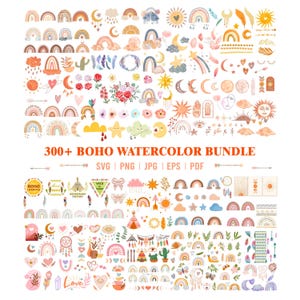 Pacchetto di clipart ad acquerello Boho, arcobaleno, sole, luna (download digitale)
