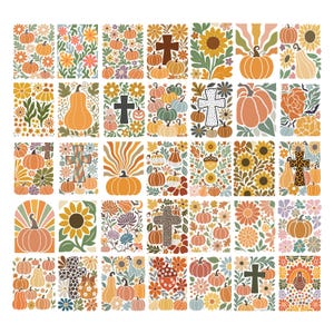 Könnte beinhalten: Eine digitale Kunstsammlung mit fünfunddreißig rechteckigen Feldern mit herbstlichen Motiven. Die Illustrationen zeigen orangefarbene Kürbisse, Sonnenblumen, Kreuze, Eicheln und florale Muster in einer warmen Farbpalette aus Orange, Gelb und Grün.