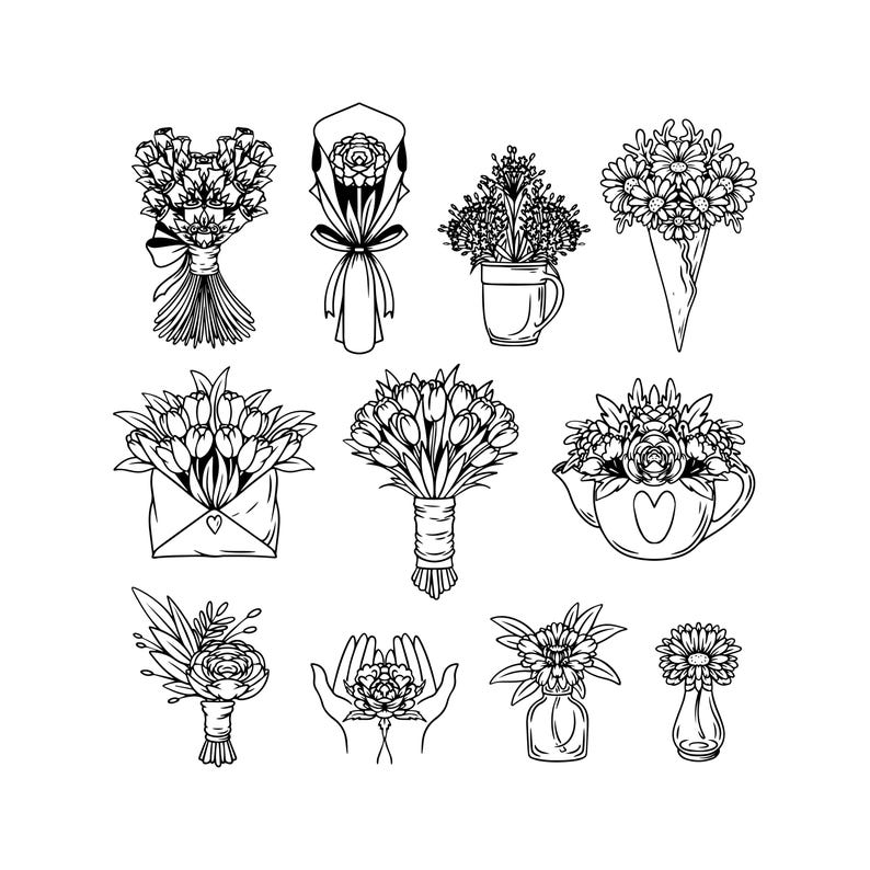 May include: Black and white line art of various flower bouquets and arrangements. The image includes bouquets tied with ribbons, flowers in a mug, a bouquet in an envelope, and flowers in vases.