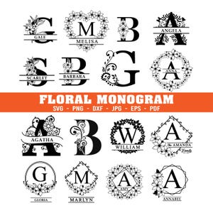 Pacote de Monograma Floral Svg, Letra de Flor, Monograma Dividido, Clipart de Alfabeto, Moldura de Nome, Personalizado, Arquivos Recortados a Laser, Svg, PNG, Dxf, Jpg